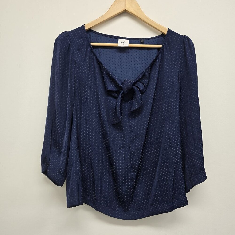 Cabi Square Dot Blouse Shirt Size XS Knot Tie Front 3/4 Sleeve Buttons Navy Blue